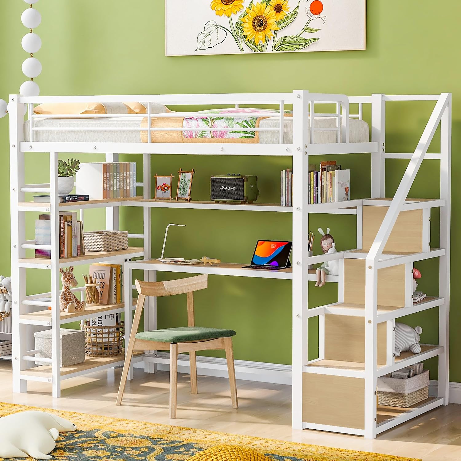 JIVOIT Metal Loft Bed with Storage Staircase, Twin Size Loft Bed with Built-in Desk and 3-Tier Storage Shelves, Space-Saving 3 in 1 Design Metal Loft Bed with Guardrails, No Box Spring Needed