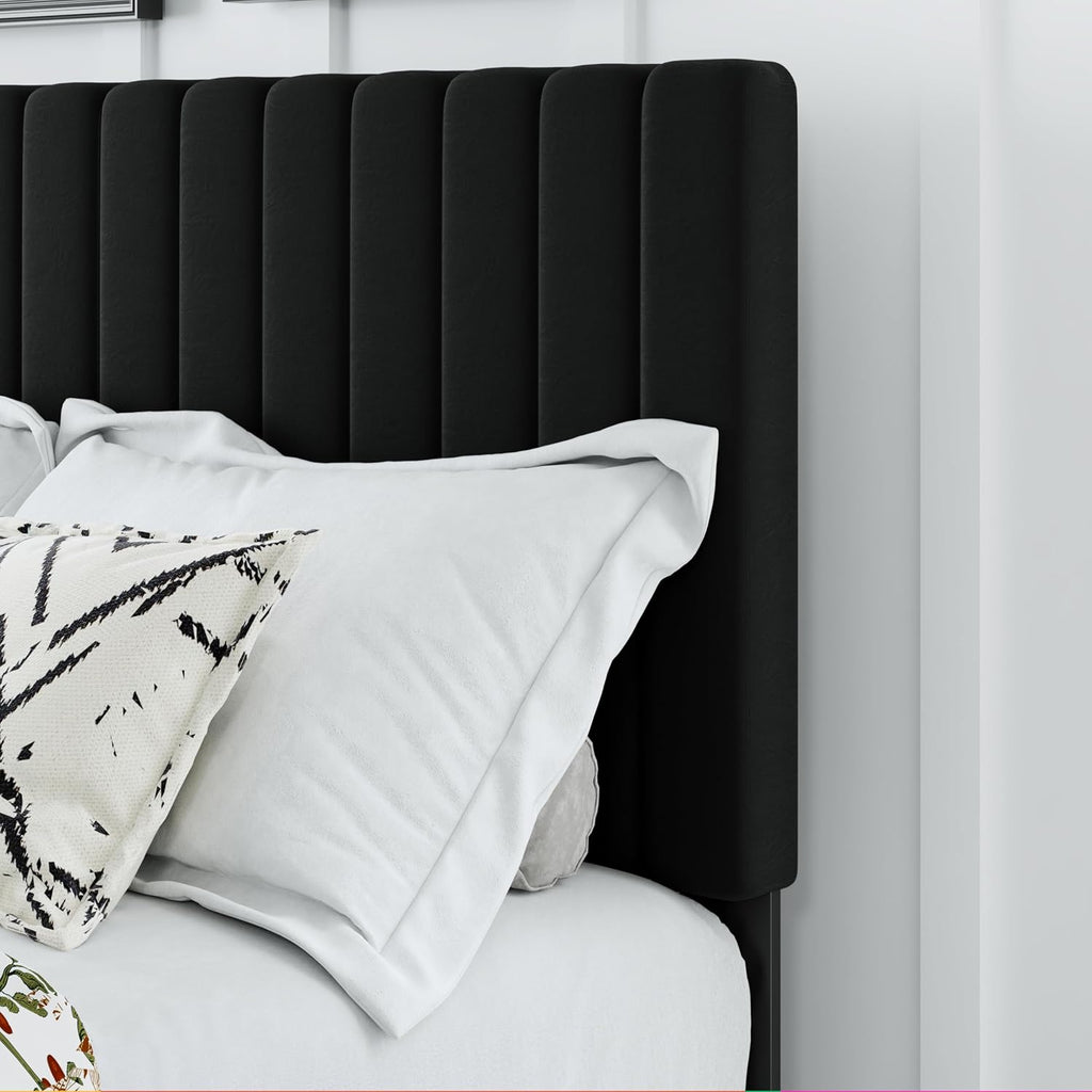 Full Bed Frame, Velvet Upholstered Platform Bed Frame with Adjustable Headboard, Vertical Quilted Design, Sturdy Slatted Mattress Base, Easy to Assemble, Black