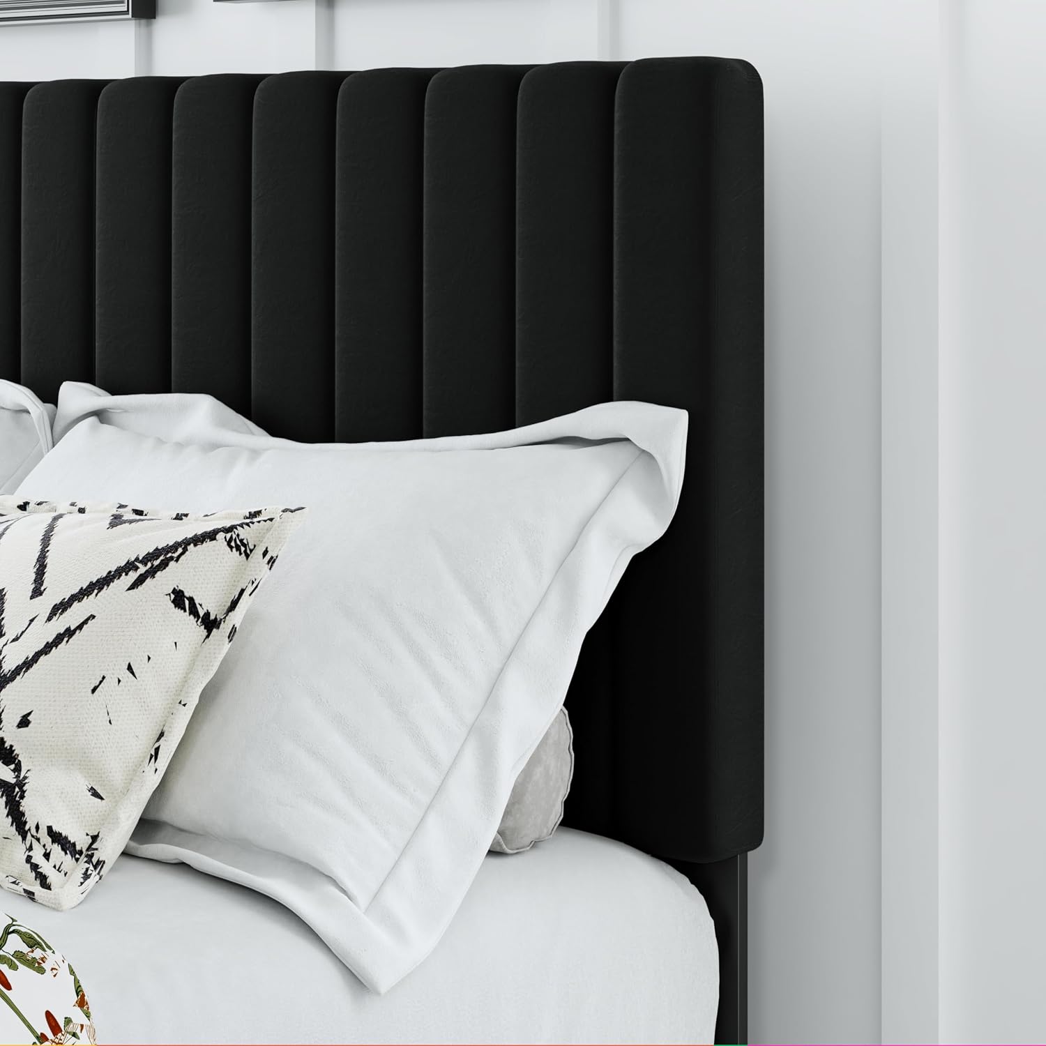 Full Bed Frame, Velvet Upholstered Platform Bed Frame with Adjustable Headboard, Vertical Quilted Design, Sturdy Slatted Mattress Base, Easy to Assemble, Black