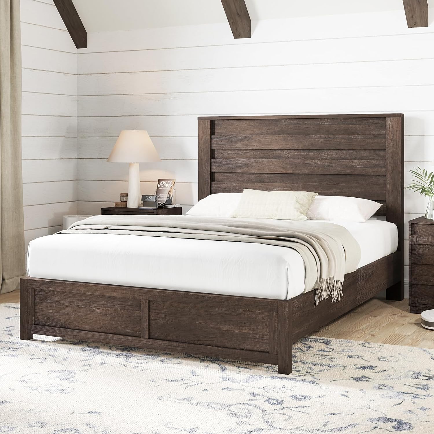 AMERLIFE Farmhouse Full Size Bed Frame with 49' Fluted Headboard, Platform Bed with Natural Wood Grain, No Box Spring Needed/Noise Free, Grey