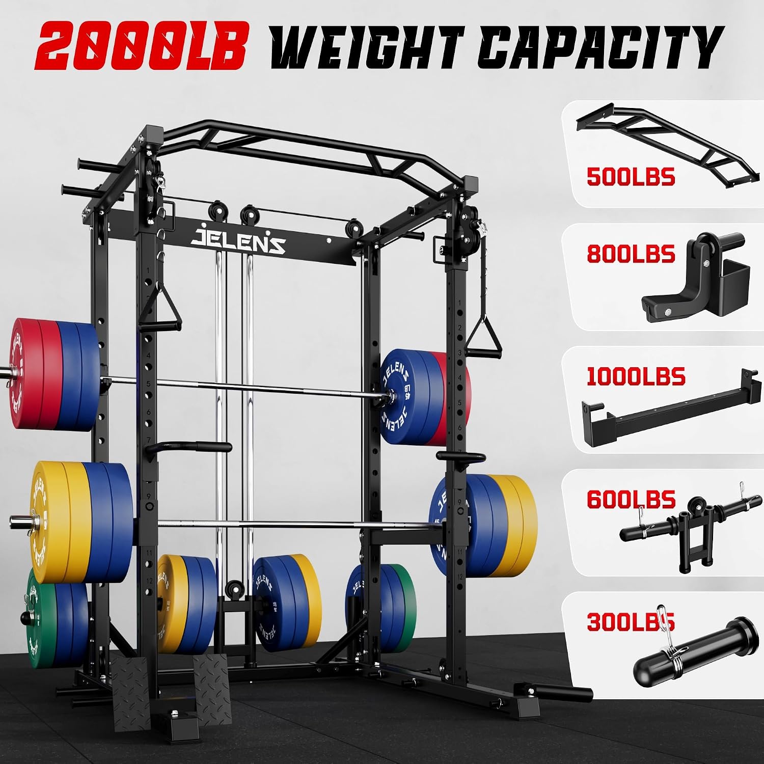 JELENS C12 Squat Rack for Home Gym, 2000LBS Power Rack with Adjustable Pulley System, Power Cage Workout Equipment with LAT Pulldown and Training Attachment