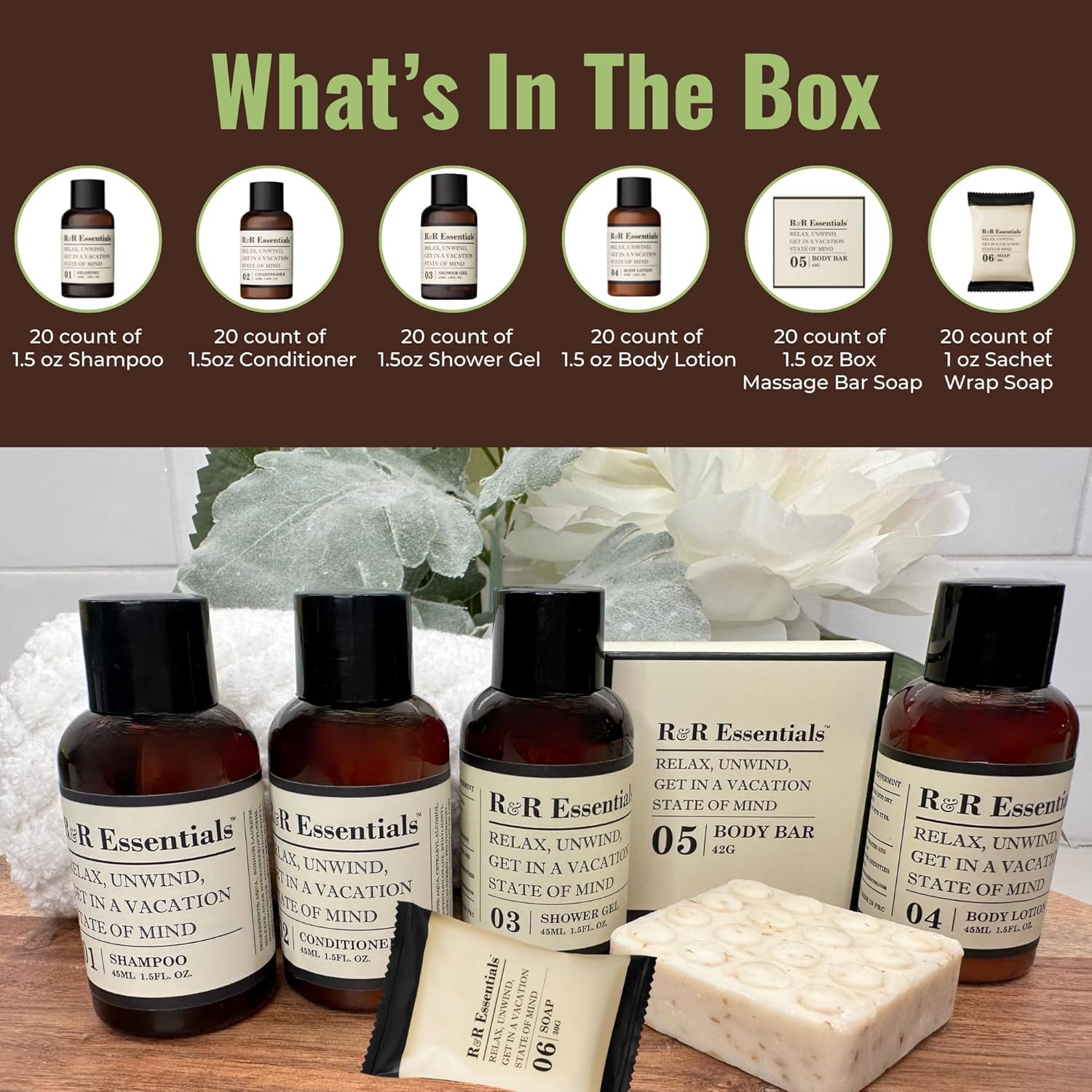 R&R Essentials Hotel Soaps and Toiletries Bundle, Vacation Home Amenities Kit - 1.5oz Shampoo, Conditioner, Shower Gel, Lotion And 2 Bar Soaps - Travel Size (120 pc)