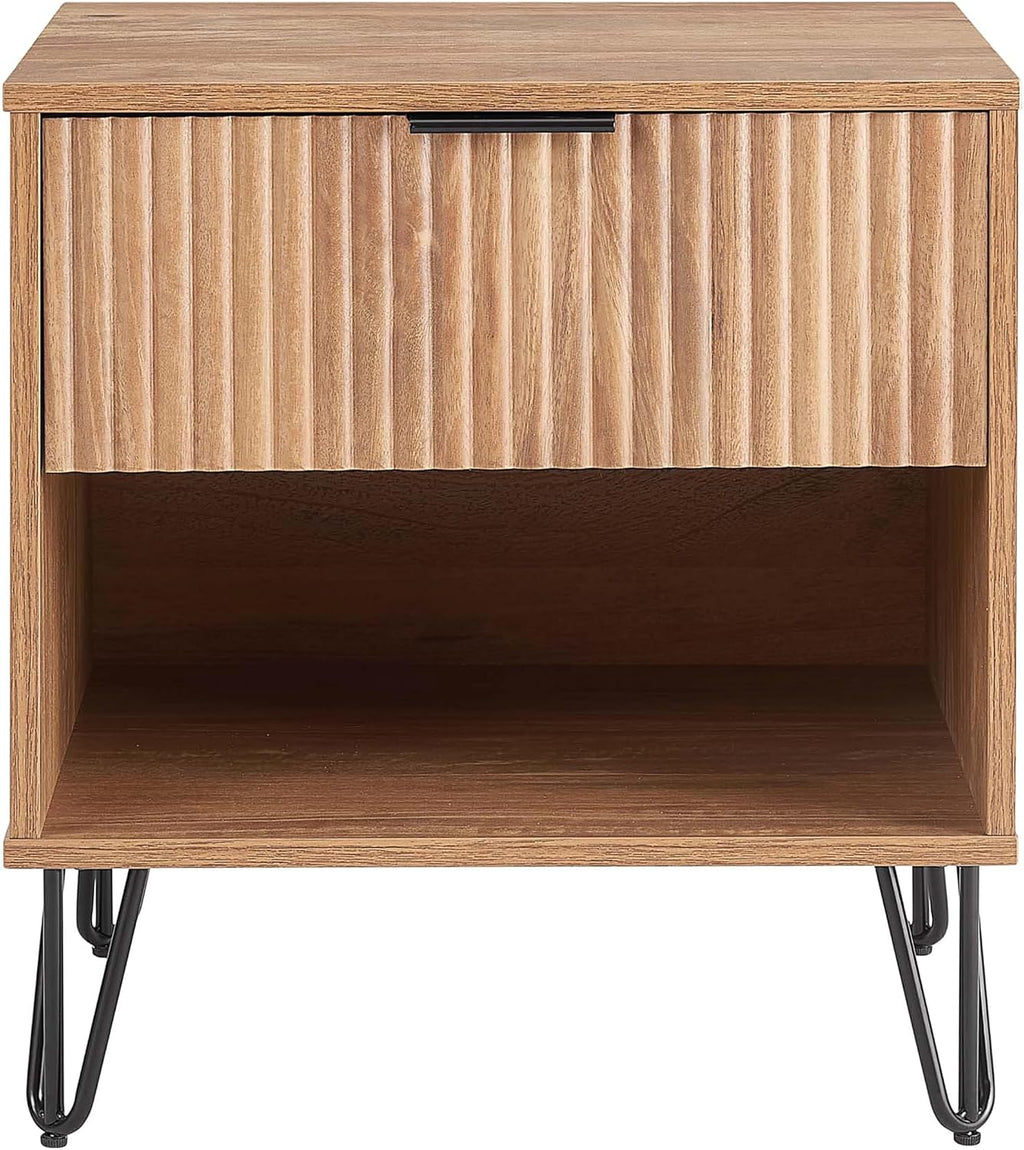 Manhattan Comfort Dumbo Fluted Nightstand with Drawer and Open Shelf, Gold Hairpin Legs and Metal Handle, Snap Tool-Free Assembly, Bedside Accent Table for Bedroom, Office, Living Room in Golden Brown