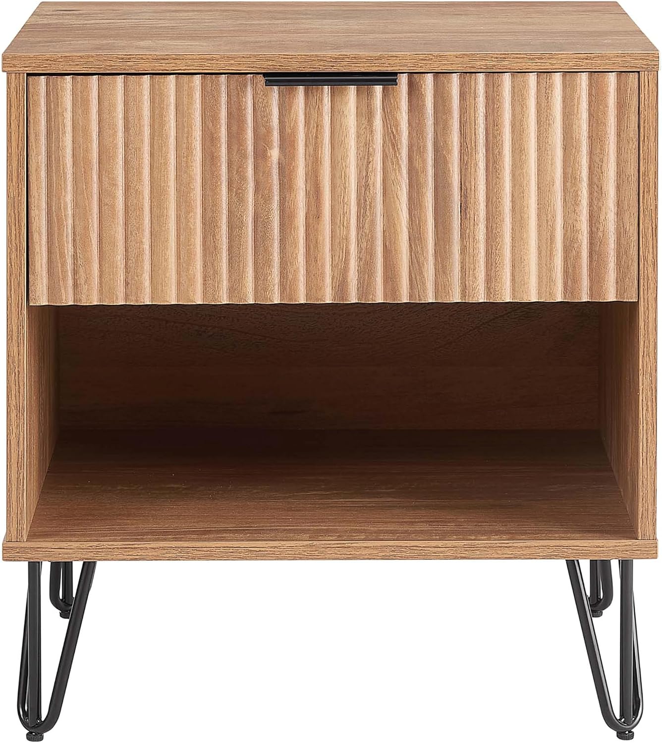Manhattan Comfort Dumbo Fluted Nightstand with Drawer and Open Shelf, Gold Hairpin Legs and Metal Handle, Snap Tool-Free Assembly, Bedside Accent Table for Bedroom, Office, Living Room in Golden Brown