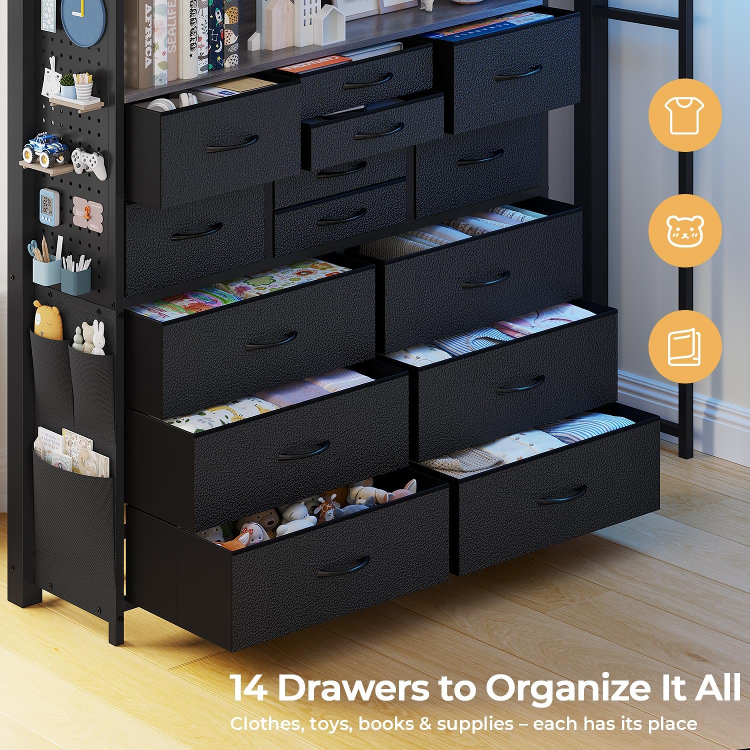 ADORNEVE Full Size Loft Bed with Desk,14 Storage Drawers & Power Outlet, Full Loft Beds with LED Lights, Pegboard, Metal Loft Bed with Safety Guardrail & Ladder, Space Saving for Teens, Black