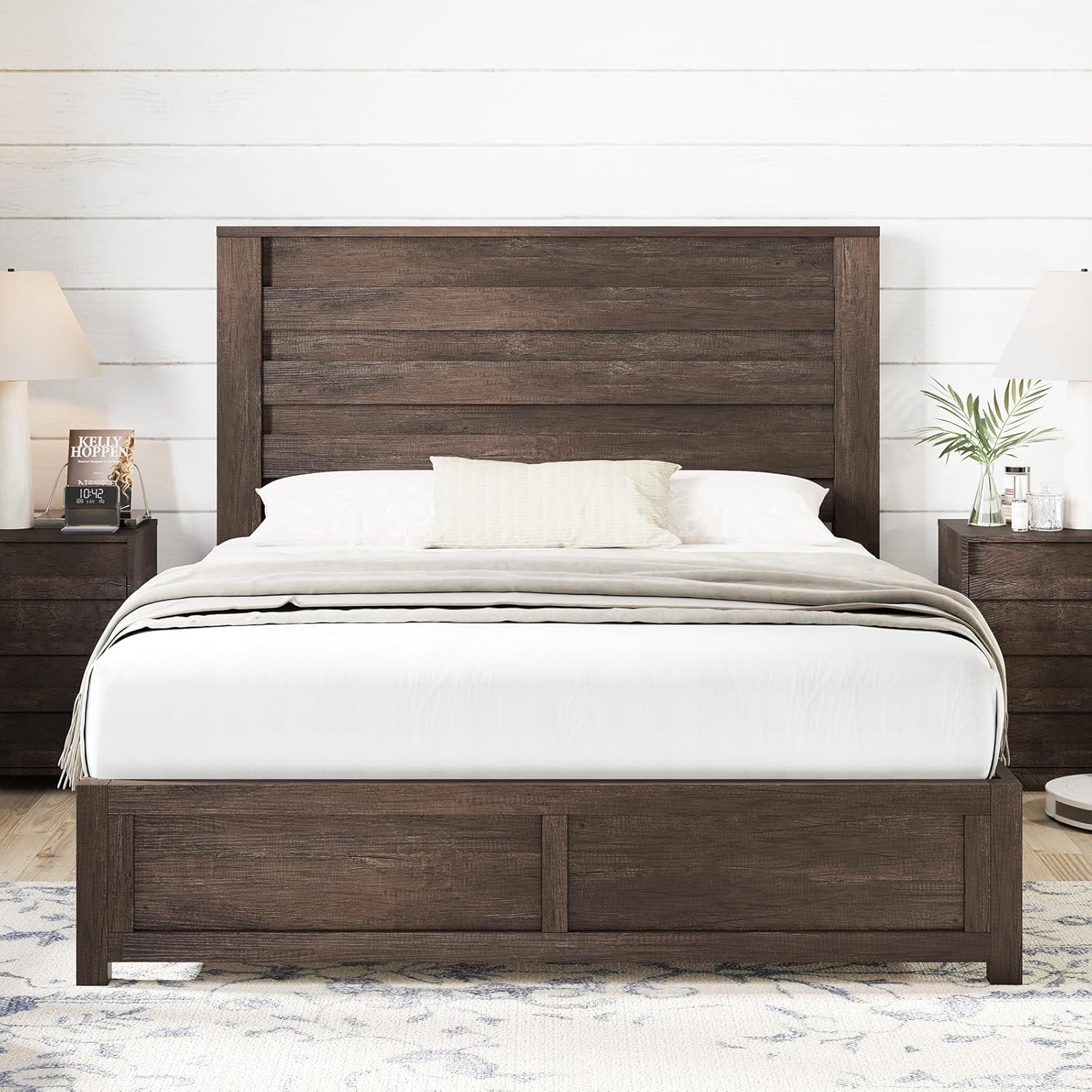 AMERLIFE Farmhouse Full Size Bed Frame with 49' Fluted Headboard, Platform Bed with Natural Wood Grain, No Box Spring Needed/Noise Free, Grey