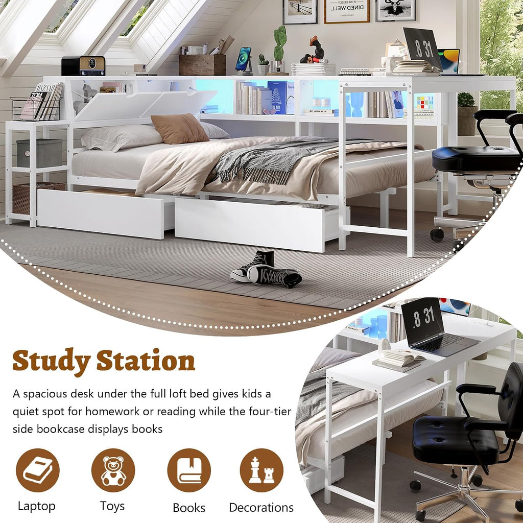 Full Corner Bed Frame with Storage Drawers, Modern Metal Day Bed Frame & L Shaped Bedframe with Led Lights/Charging Station/Bookcase/Desk (White, Queen)
