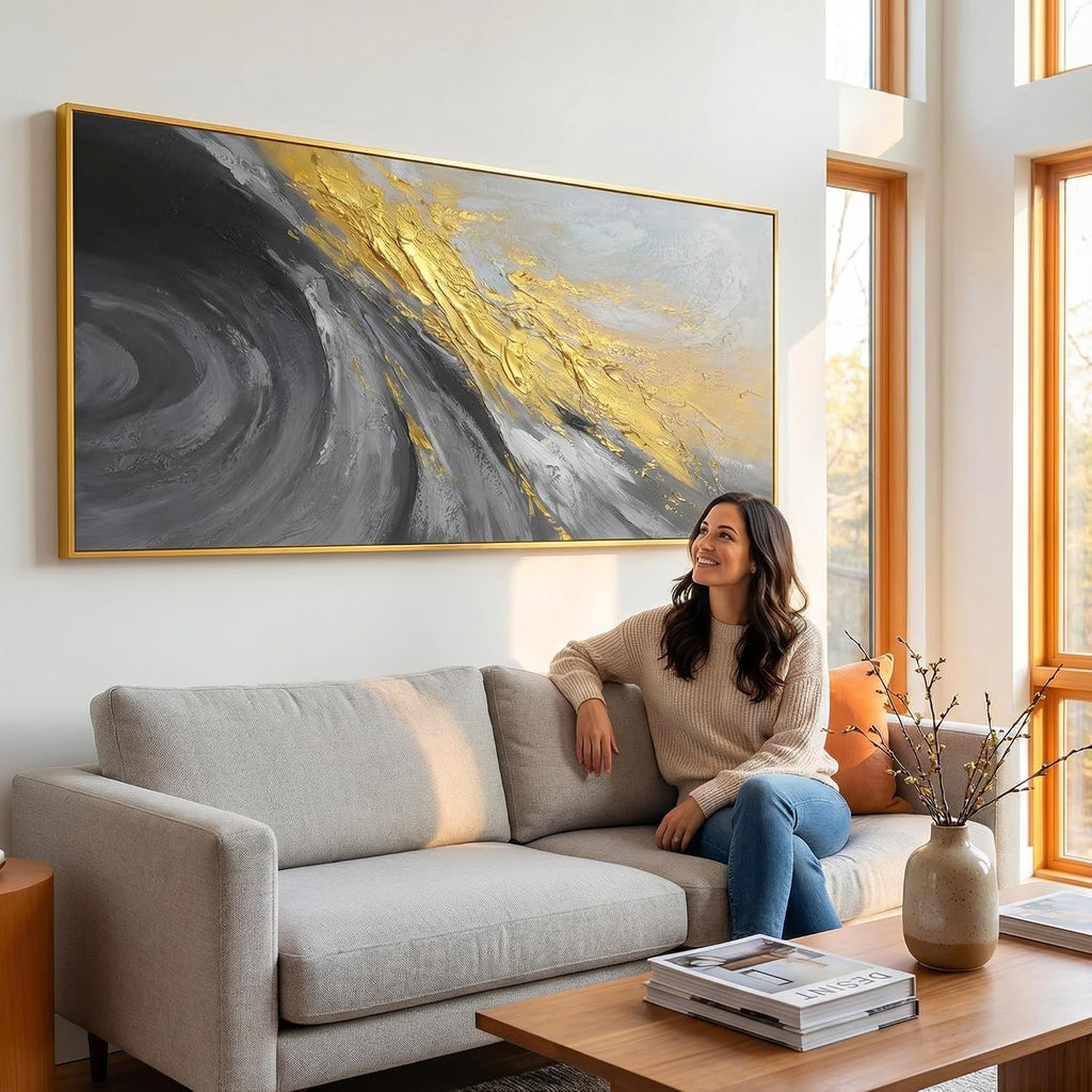 Large 3D Black and White Abstract Wall Art for Living Room, Gold Framed Textured Artwork for Office-Hand Painted Oil Painting on Canvas for Bedroom Home Decoration 24x56 inches