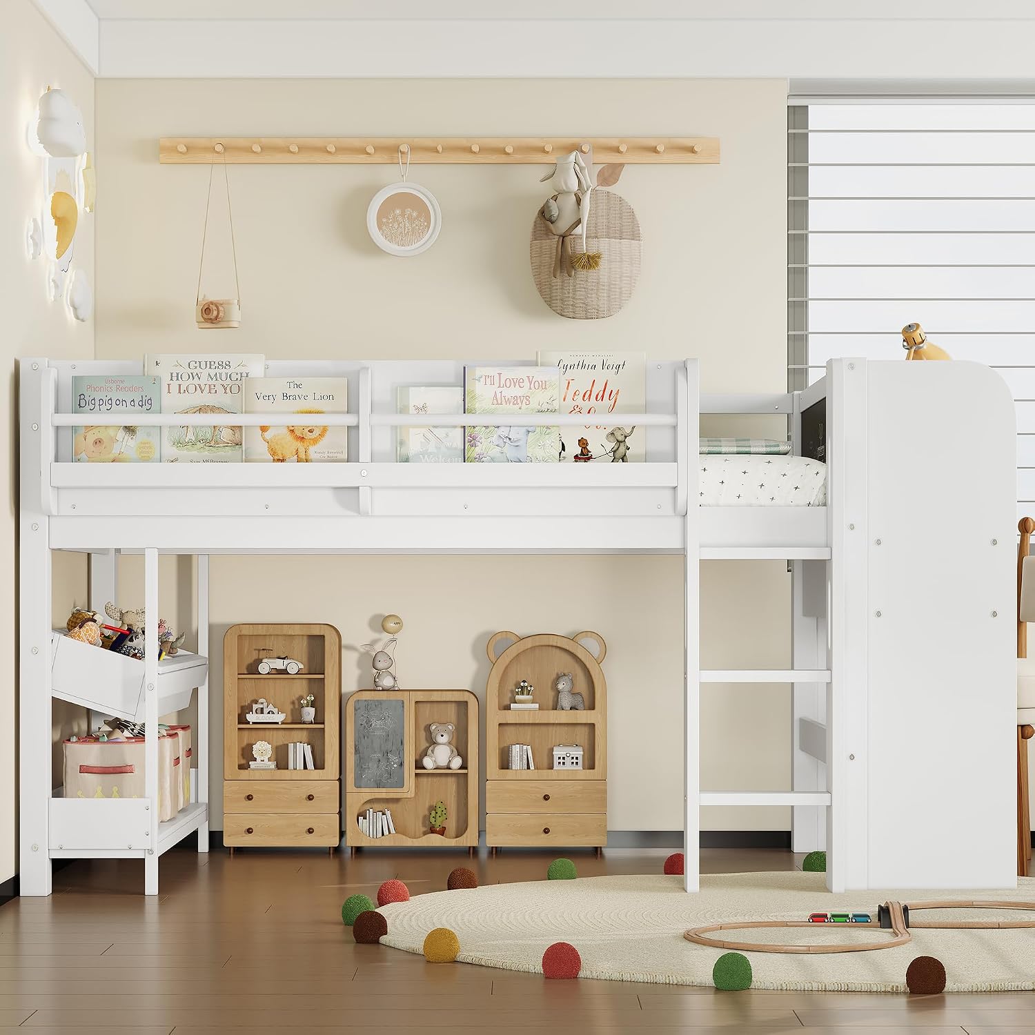 MERITLINE Twin Loft Bed with Desk & Blackboard, Twin Multi-Functional Bed with Storage, All-in-One Study & Play Design, White