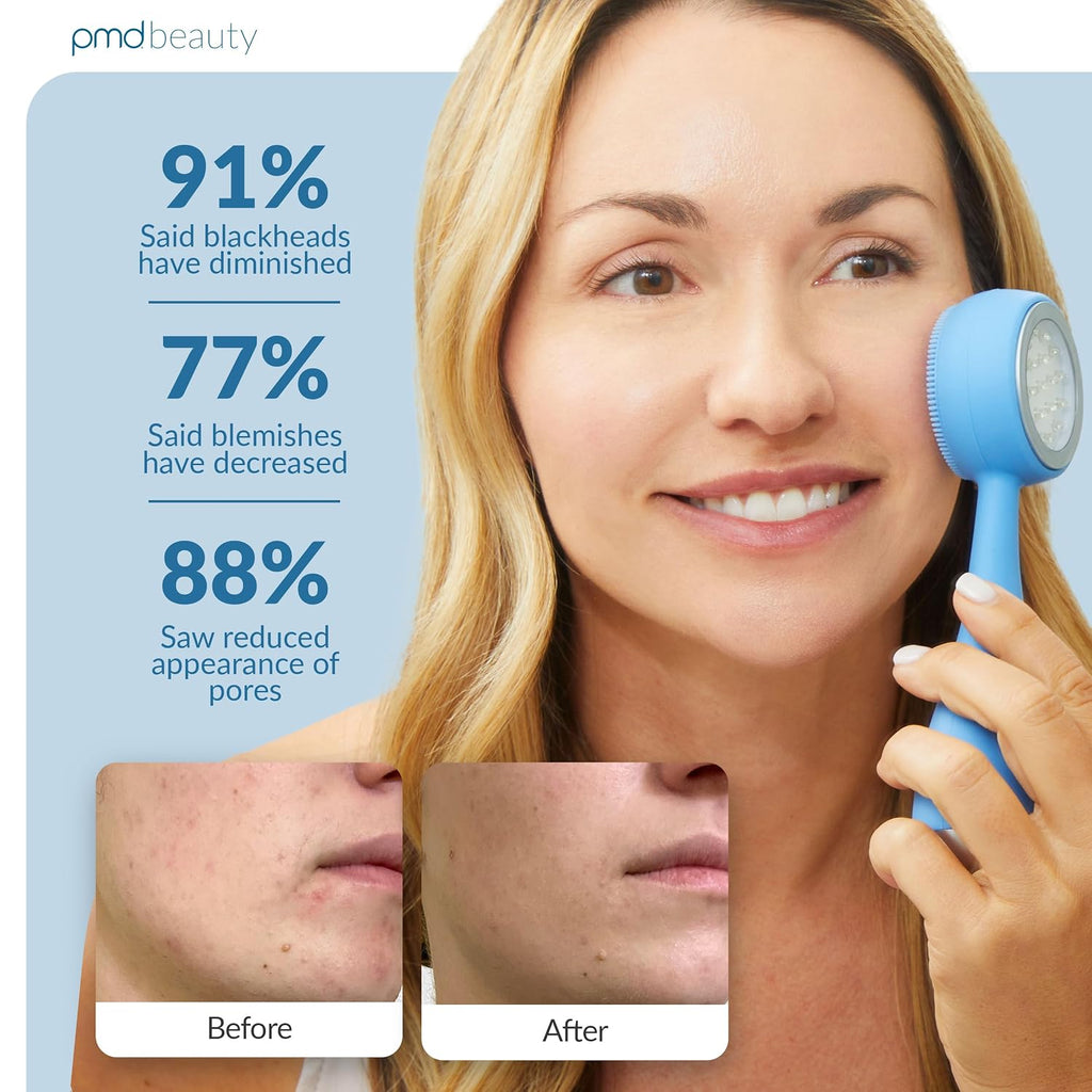 Clean, Acne, and Redvolution - Electric Facial Cleansing Brush, Smart Facial Device with Silicone Brush & Anti-Aging Massager, Red and Blue LED Light