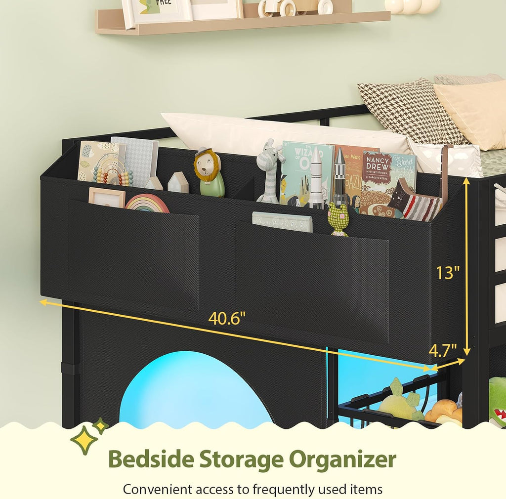 UPOSOJA Twin Size Low Loft Bed with RGB Lights & Play Zone, 8 XL Drawers, Kids Play Loft Bed with 2-Step Ladder & Anti-Tip Kit (Black)