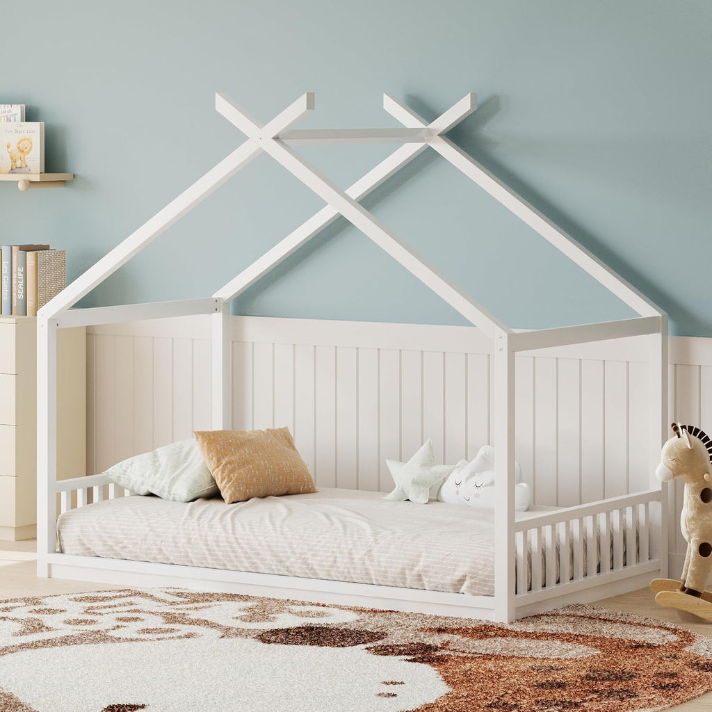 JIVOIT Twin Size House Bed with Roof, Floor Bed Frame with Headboard and Footboard, Wooden House Bed Fence Bed, Easy Assembly (White/Twin,93)