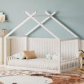 JIVOIT Twin Size House Bed with Roof, Floor Bed Frame with Headboard and Footboard, Wooden House Bed Fence Bed, Easy Assembly (White/Twin,93)