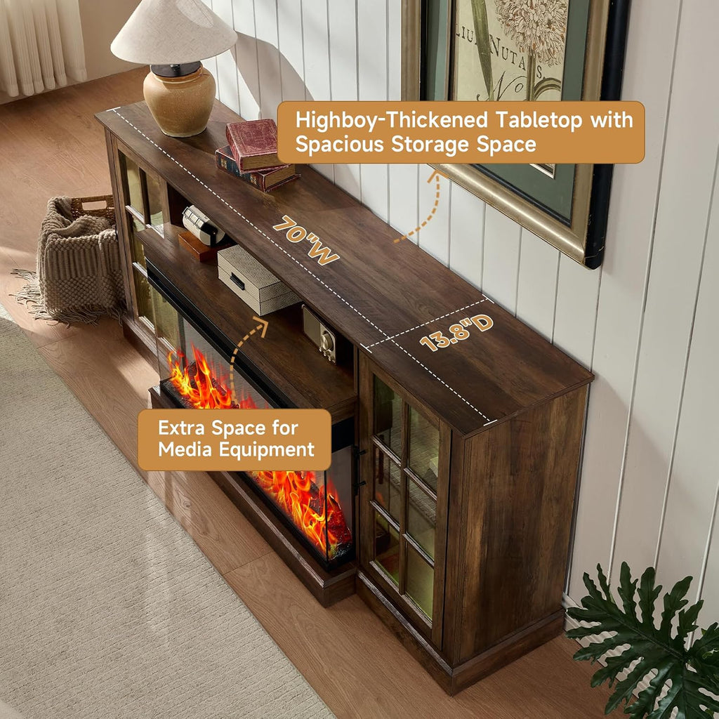 ROCKPOINT 3 Sided Glass 70' Fireplace TV Stand for TVs up to 80inch, Media Entertainment Center with Glass Door Storage Cabinet,36' Electric Fireplace with LED Light and Flame Colors, Espresso