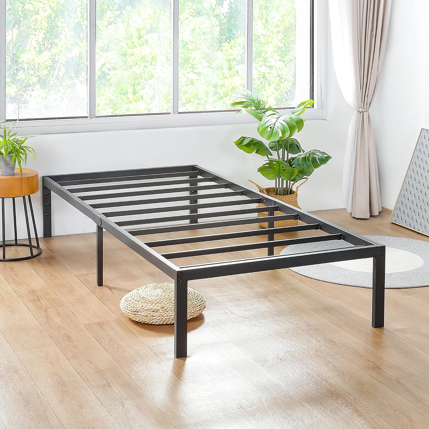 PrimaSleep 14 Inch Heavy Duty Steel Slat Anti-Slip Support, Easy Assembly Platform Bed frame, Noise Free Steel Mattress Foundation, Maximum Storage, No Box Spring Needed, Black, Twin Size