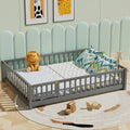 i-POOK Full Floor Bed for Children, Sturdy Wood Montessori Bed Frame with Wood Slats, Fence & Door for Girls and Boys, Gray (with Bed Slats)