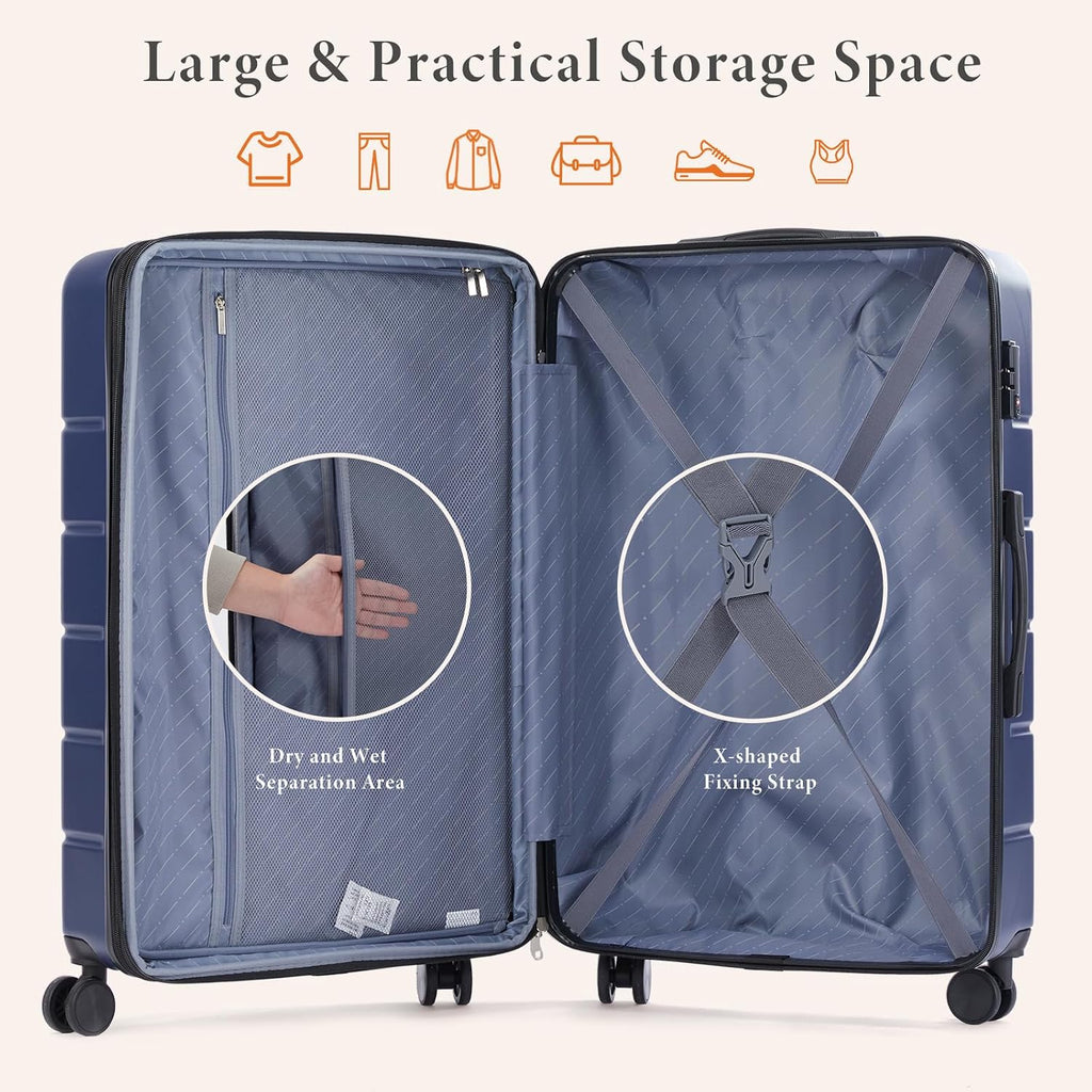 Sweetcrispy 3 Piece Luggage Set, ABS Hard Shell Carry On Suitcase with Smooth Spinner Wheels and TSA Lock, Lightweight Rolling Travel Luggage 20/24/28 Inch for Travel Business Vacation, Navy Blue