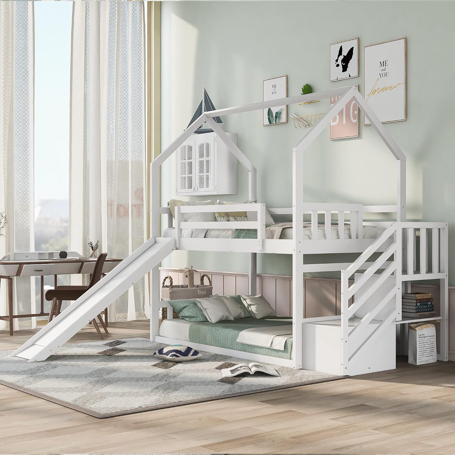 Wood House Bunk Bed for Kids Toddlers, Twin Over Twin Bunk Bed with Convertible Slide, Storage Staircase Can be Placed Left or Right, No Spring Box Required (White+House03)