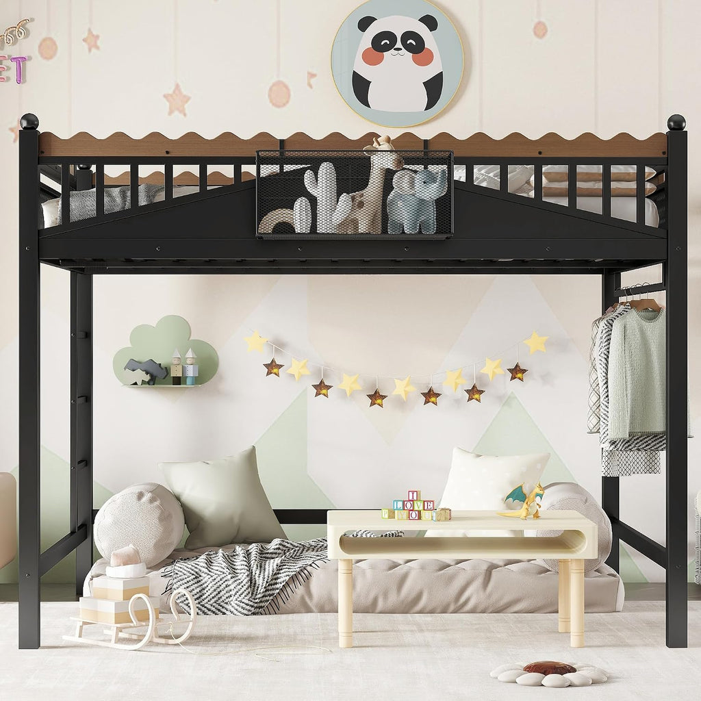 JIVOIT Metal Loft Bed with Built-in Storage Shelves and Bookshelf, Full Size Metal Loft Bed with Safe Ladder & Guardrail, Space-Saving Loft Bed, No Box Spring Needed and Chic Design