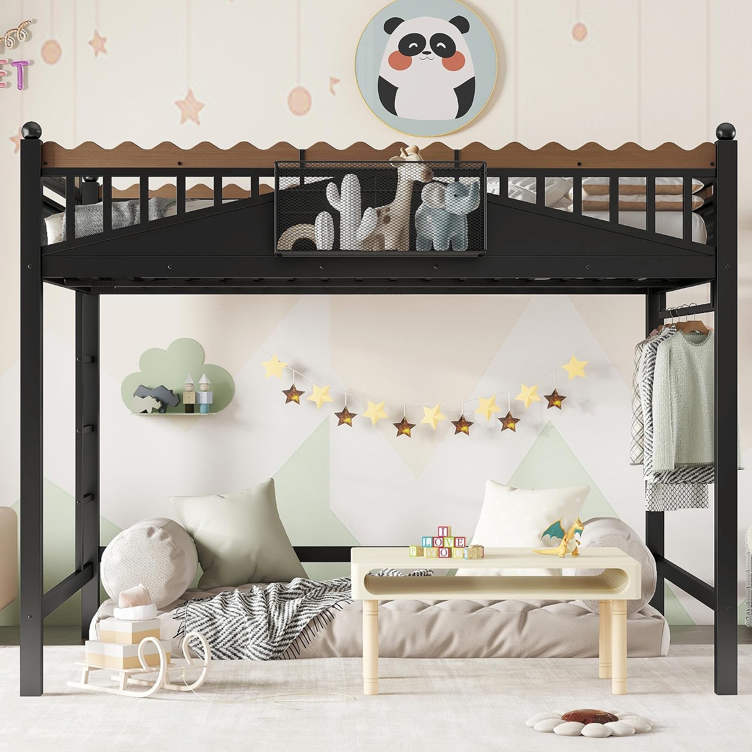 JIVOIT Metal Loft Bed with Built-in Storage Shelves and Bookshelf, Full Size Metal Loft Bed with Safe Ladder & Guardrail, Space-Saving Loft Bed, No Box Spring Needed and Chic Design
