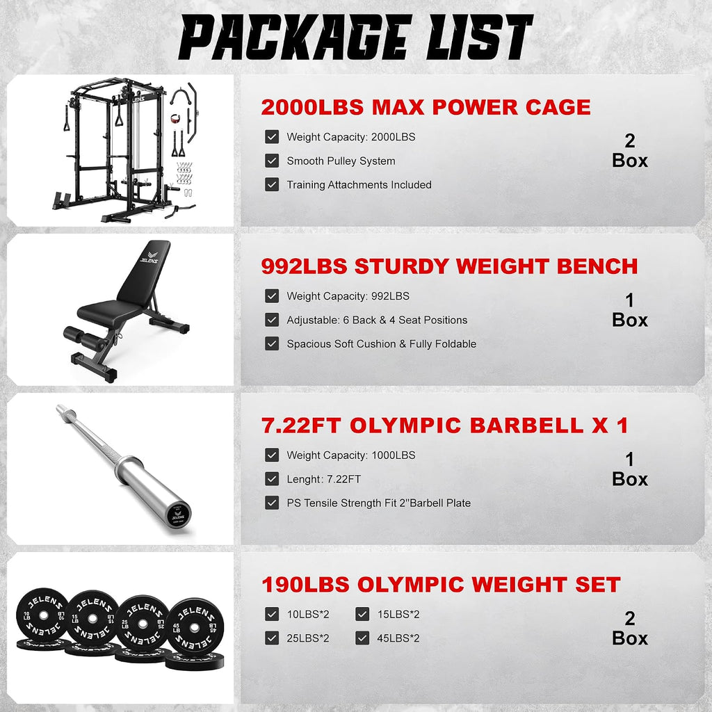 JELENS C12 Squat Rack for Home Gym, 2000LBS Power Rack with Adjustable Pulley System, Power Cage Workout Equipment with LAT Pulldown and Training Attachment