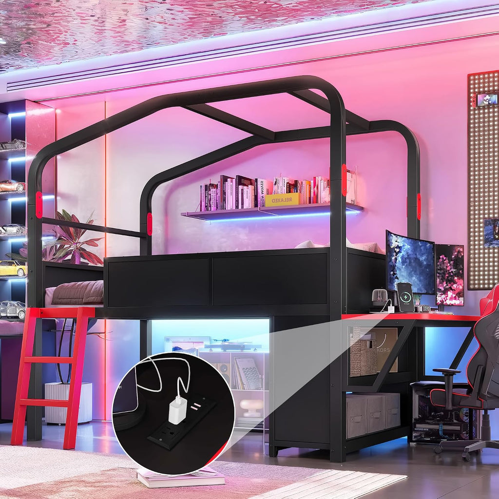 JIVOIT Twin Size Metal Loft Bed with Built-in Side Desk, Gaming Style Metal Low Loft Bed with Storage Cabinets, Chic Canopy Design, Easy Assembly