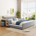 Queen Size Upholstered Grounded Bed, Mother & Child Bed with Bedside Desk and Little Round Stool upholstered Bed Frame Queen upholstered Platform Bed Frame Queen (Gray)