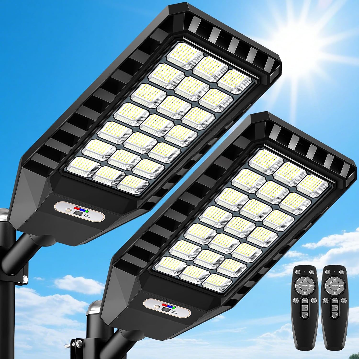 2-Pack Solar Street Lights Outdoor, 23' Large Solar Lights Outdoor Waterproof with Motion Sensor, 6500K LED Flood Lights, Dusk to Dawn Commercial Security Parking Lot Light for Driveway Yard Garden
