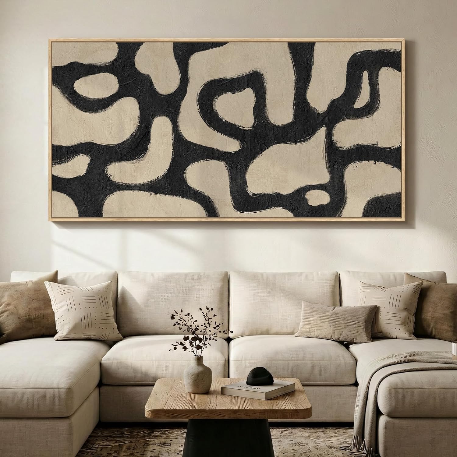 Oversized Framed Abstract Horizontal Wall Art for Living Room, Modern Neutral Black Beige Canvas Artwork for Walls, Extra Large Mid Century Paintings Print for Hallway Dining Room Wall Decor, 72x36 In