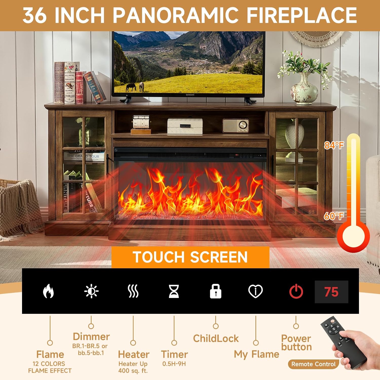 ROCKPOINT 3 Sided Glass 70' Fireplace TV Stand for TVs up to 80inch, Media Entertainment Center with Glass Door Storage Cabinet,36' Electric Fireplace with LED Light and Flame Colors, Espresso
