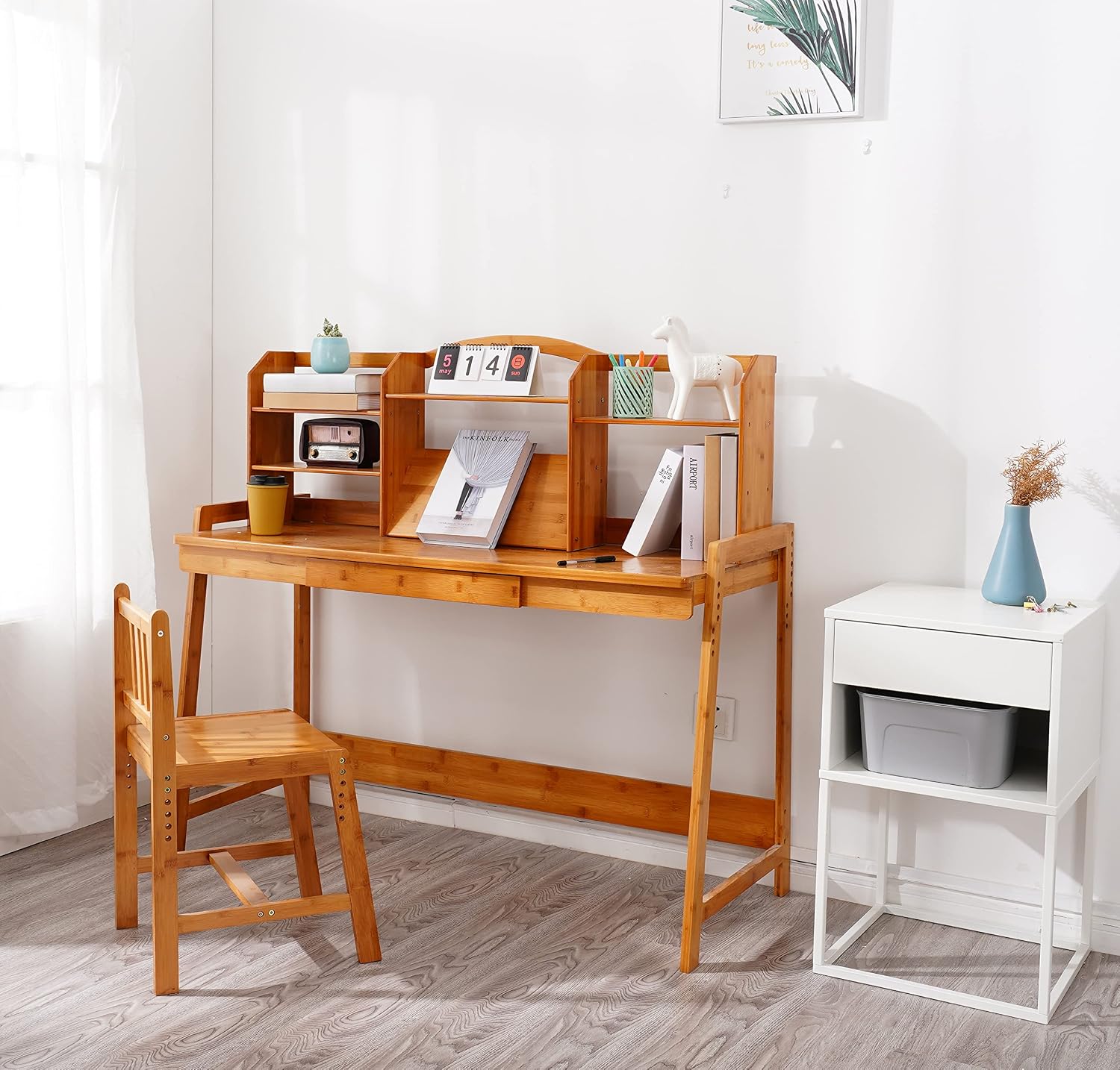 UNICOO Kids Desk and Chair Set, Height Adjustable Bamboo Study Desk with Storage Hutch and Bookshelf, Wooden Writing Table for Toddlers and Kids, Easy-Clean Surface, Natural (02)