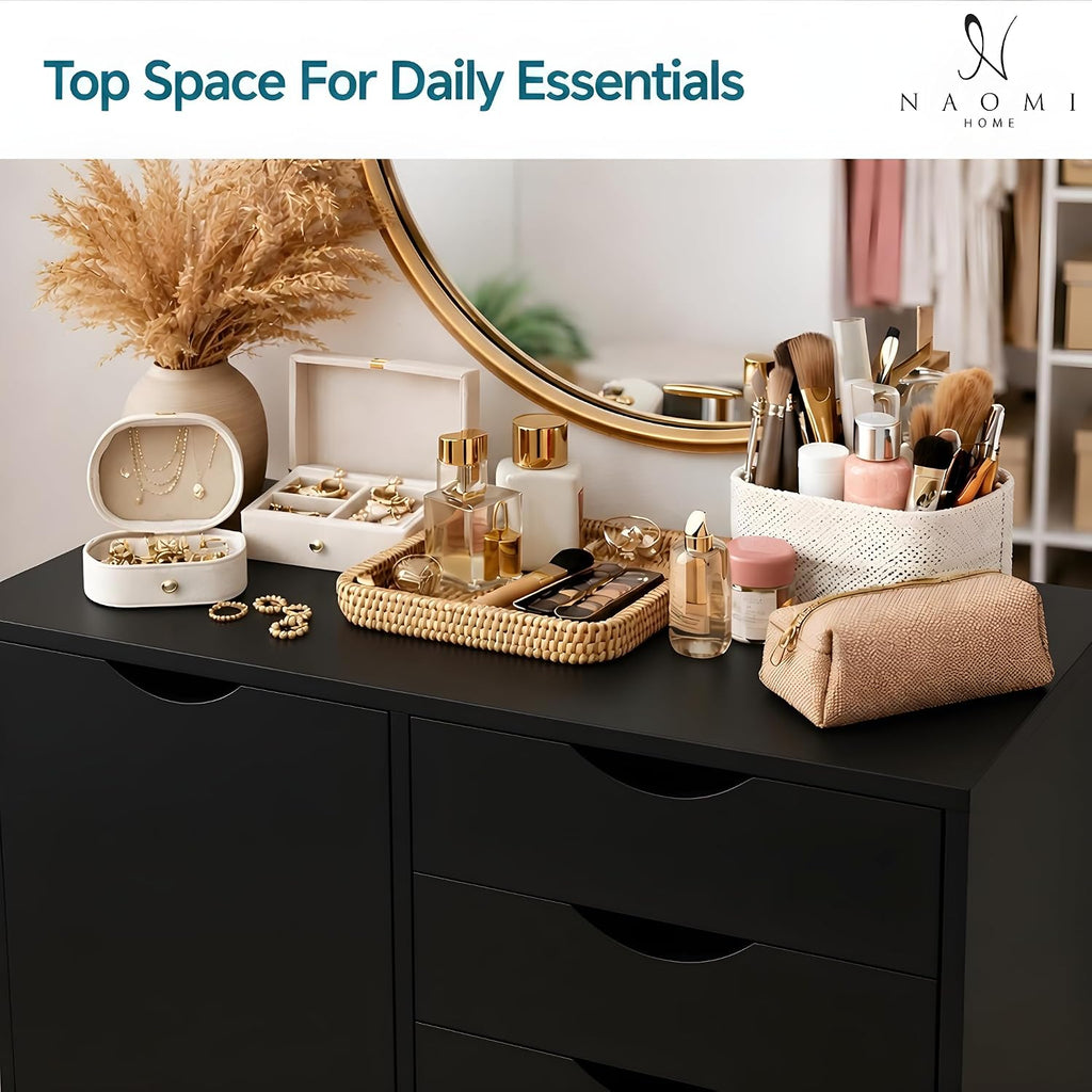 Naomi Home Rolling Storage Cabinet with 5 Drawers & Side Cabinet, Engineered Wood Organizer with Shelves, Handle-Free Design & Swivel Casters for Home Office, Kids Room & Entryway - Black