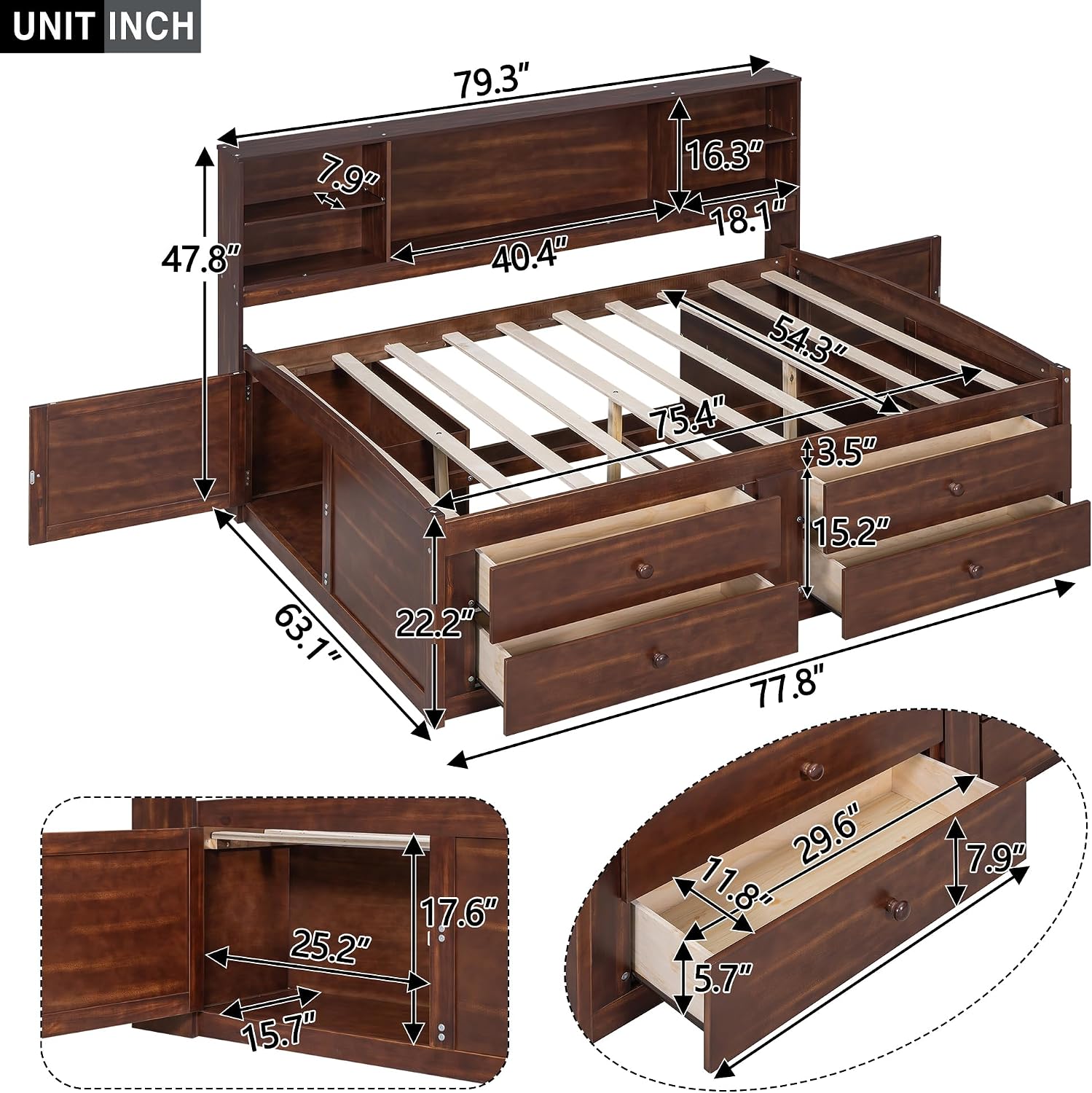 Classic Style Full Size Captain Bed with Built-in Storage Shelves, Wooden Daybed Frame with 4 Drawers and 2 Cabinets, Wood Slats Support for Kids Teens Adults, No Box Spring Needed