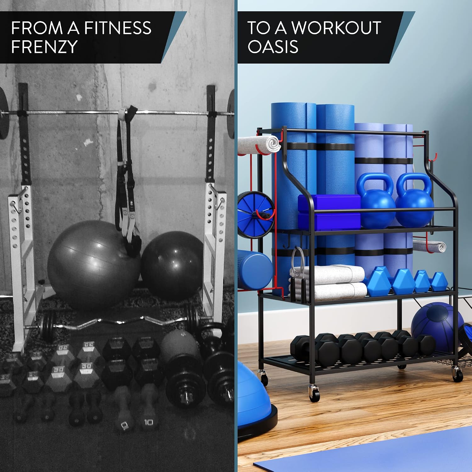 Cascina Home Gym Storage Rack - Weight Rack for Dumbbells, Kettlebells, Foam Roller, Resistance Bands and Yoga Mat Storage Holder - Exercise Workout Equipment Storage Organizer with Hooks and Wheels