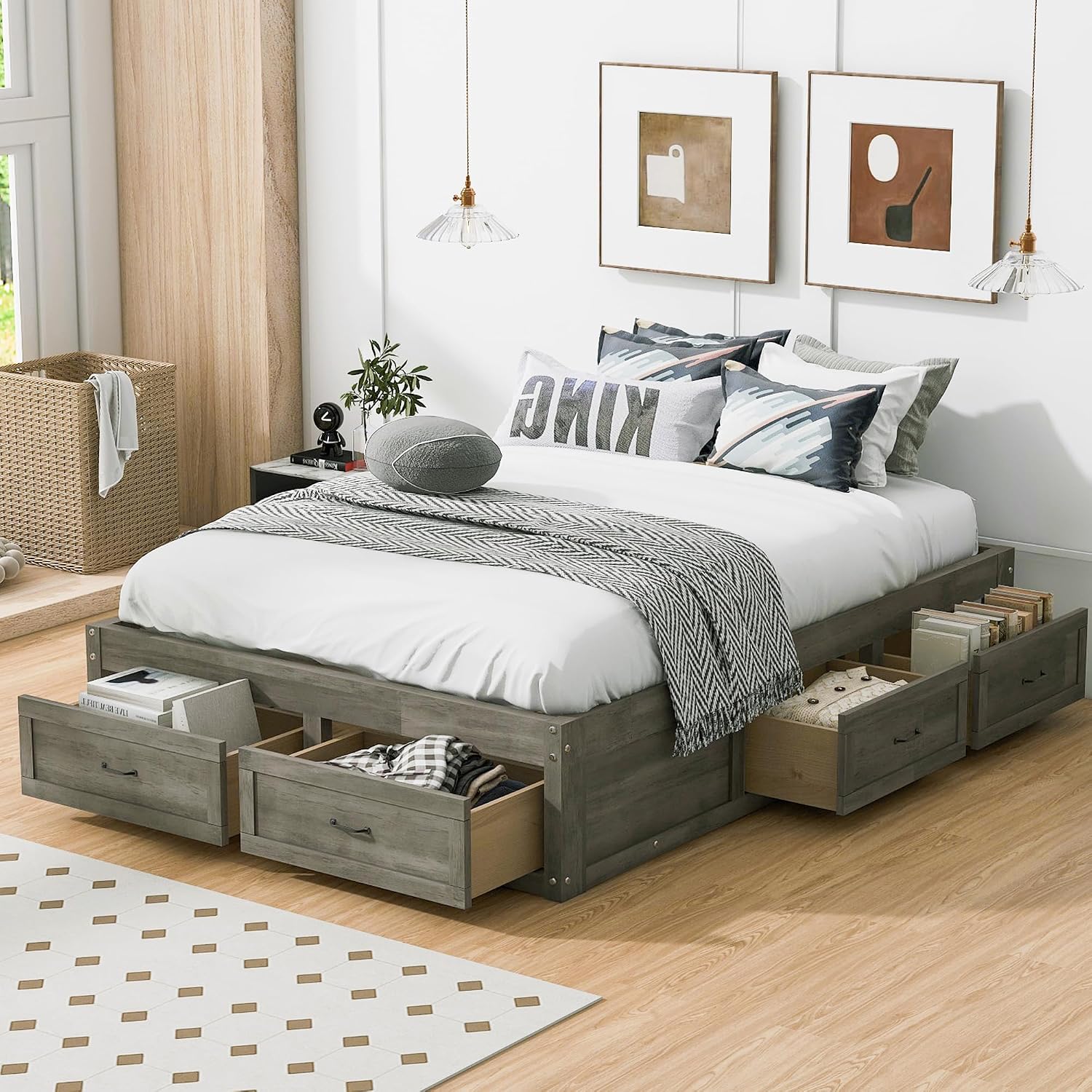Full Size Wooden Platform Bed with 6 Storage Drawers, No Box Spring Needed (Antique Gray, Full)