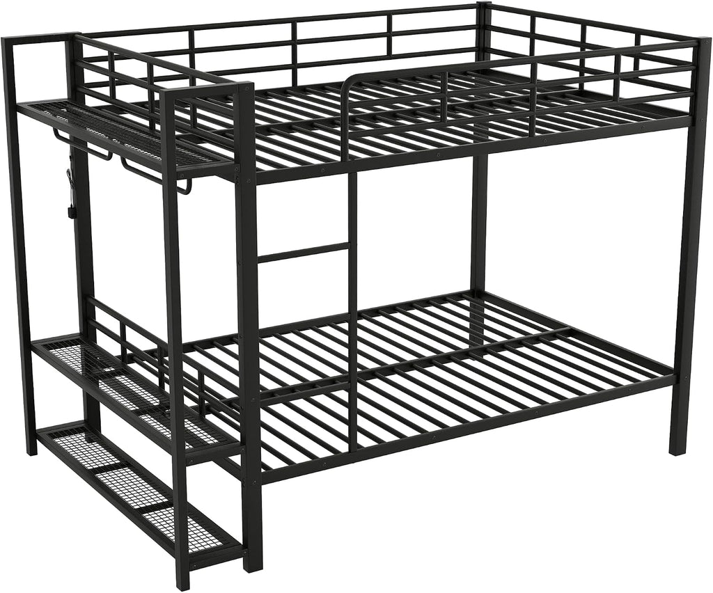 Metal Bunk Bed with Storage Mesh Shelves and Clothes Hooks, Open Storage Shelves, Full Size Bunk Bed with Full-length Reinforced Guardrails for Teens and Adults, No Box Spring Needed (Black//96)
