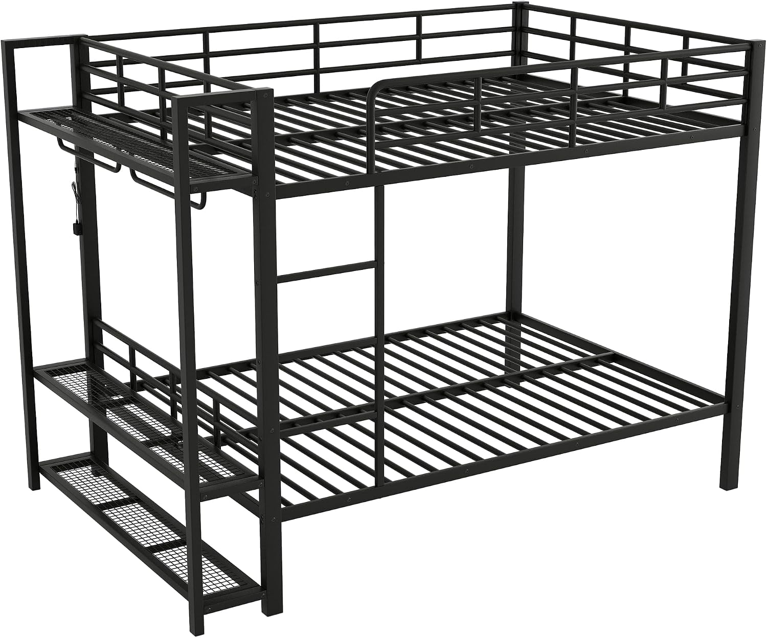 Metal Bunk Bed with Storage Mesh Shelves and Clothes Hooks, Open Storage Shelves, Full Size Bunk Bed with Full-length Reinforced Guardrails for Teens and Adults, No Box Spring Needed (Black//96)