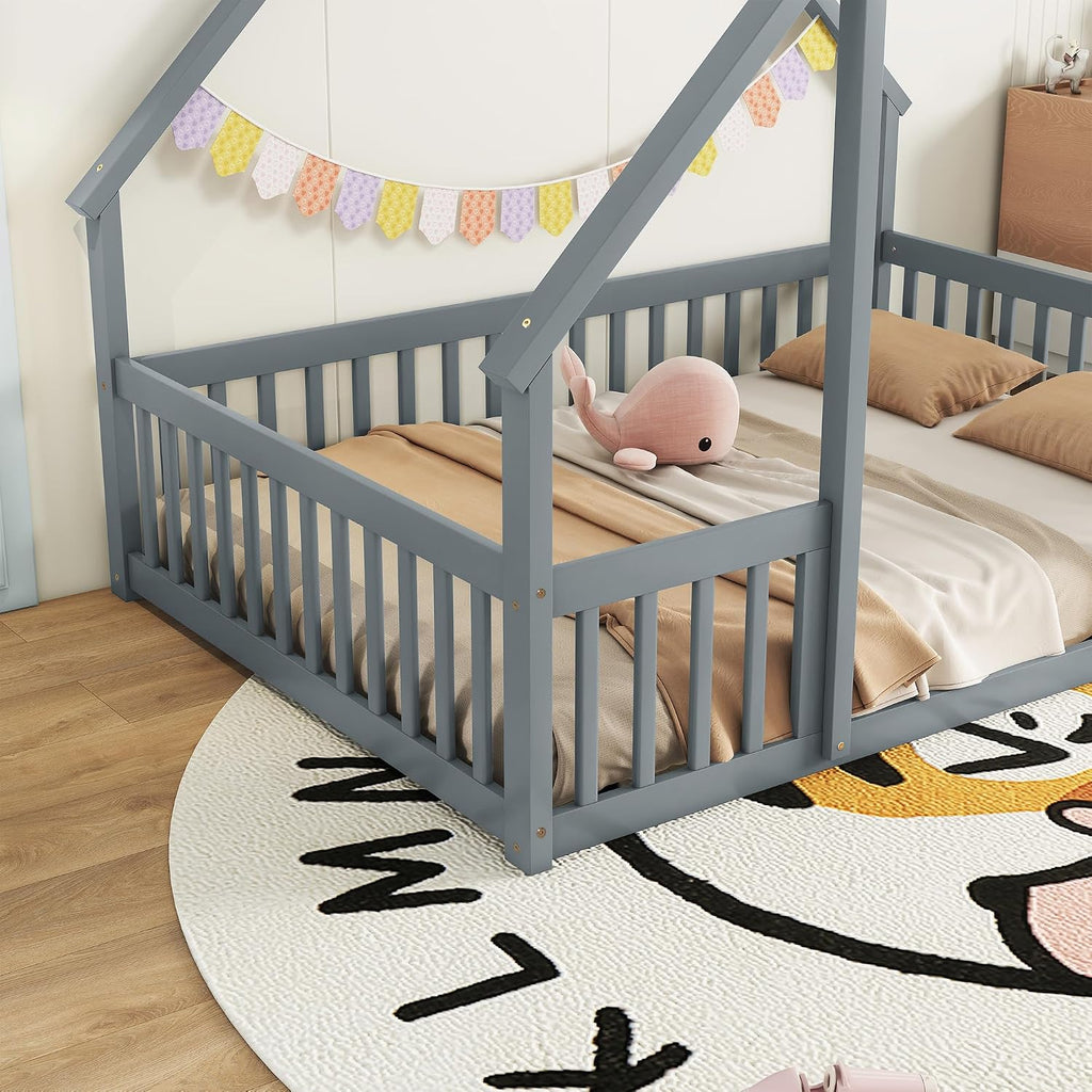 JIVOIT House Bed Full Size Floor Bed, Full Wood House-Shaped Floor Bed with Fence and Guardrails, Wood House Roof Frame, Montessori Floor Bed Frame (Grey-Full,129)