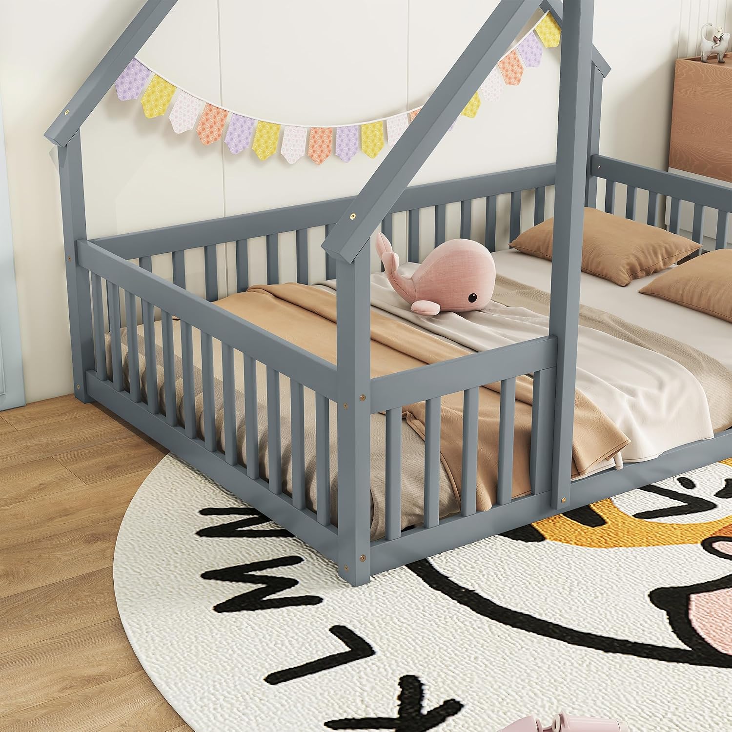 JIVOIT House Bed Full Size Floor Bed, Full Wood House-Shaped Floor Bed with Fence and Guardrails, Wood House Roof Frame, Montessori Floor Bed Frame (Grey-Full,129)