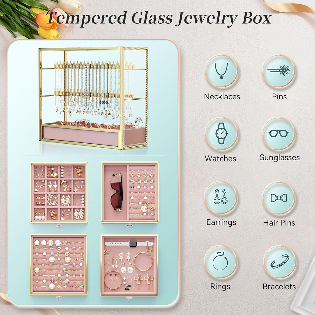 Youdepot 2-Piece Hair Tool and Jewelry Organizer Set – Tempered Glass Makeup, Jewelry, and Hair Styling Tool Storage for Vanity and Countertop – Elegant, Multipurpose Organizer for Home and Gift Use