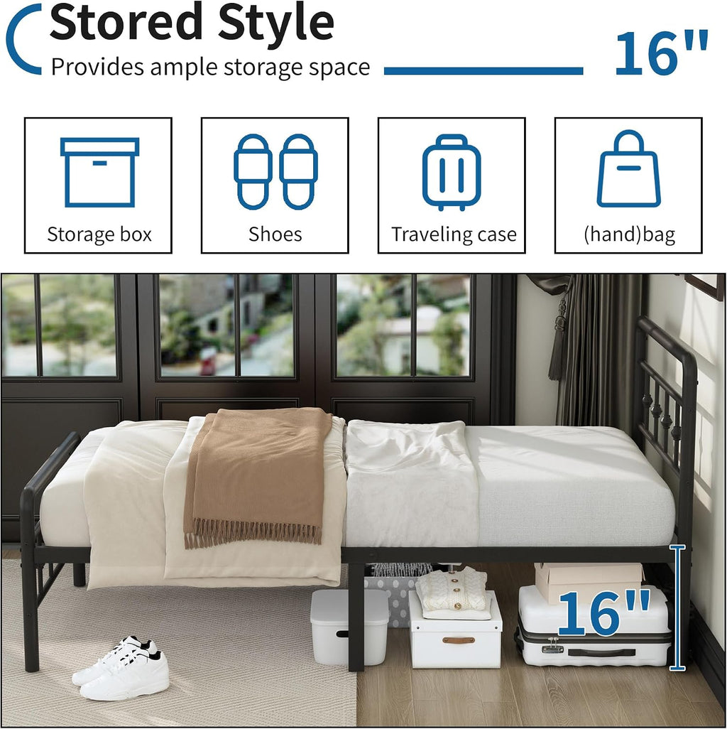 DiaOutro 16 Inch Twin XL Bed Frame with Headboard and Footboard, Classic Metal Platform No Box Spring Needed Heavy Duty Victorian Style Iron-Art Mattress Foundation/Under Bed Storage