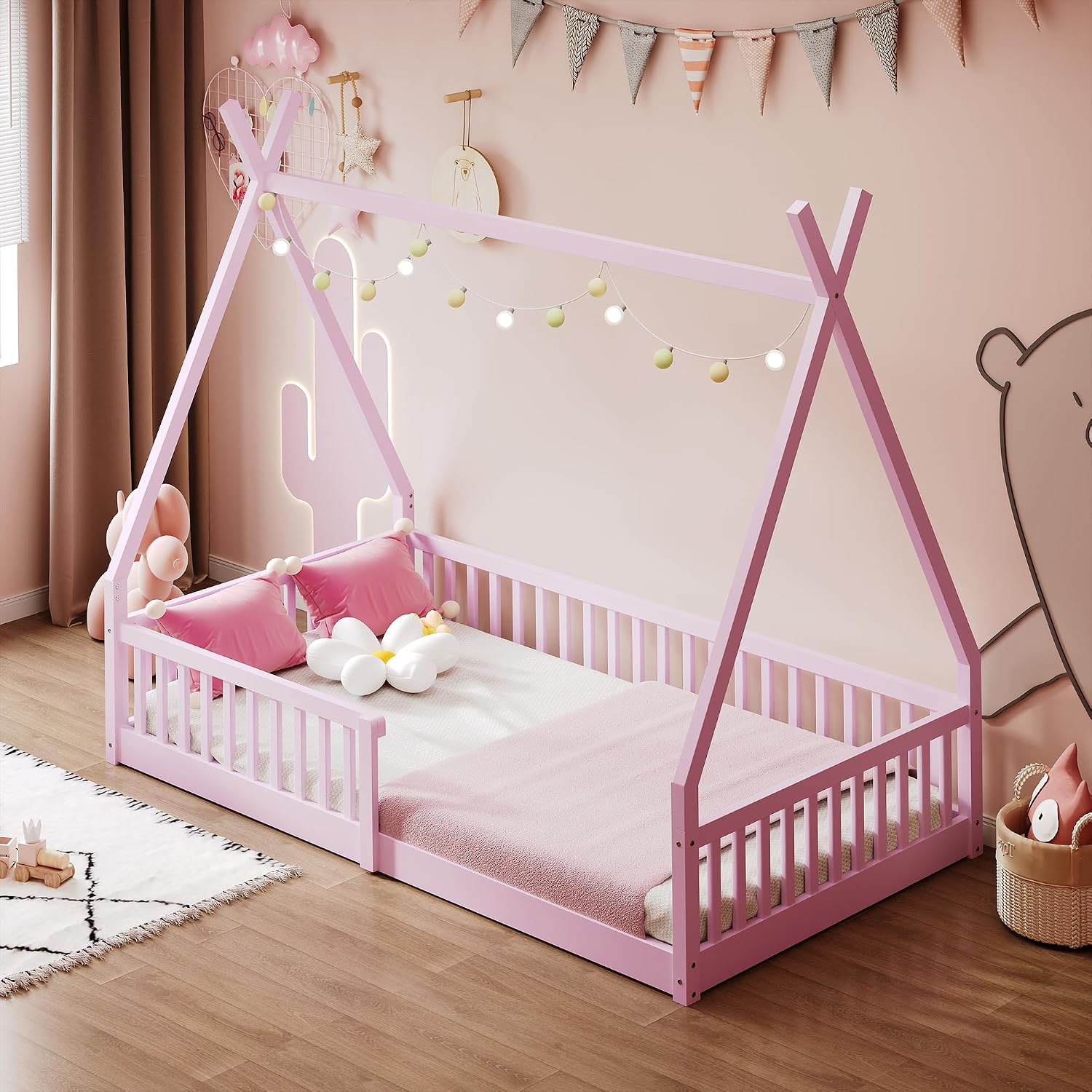 JIVOIT Twin Size Wood House Bed with Fence, House Platform Bed with Roof, Twin Montessori Bed Frame, Wood Slats Support, No Box Spring Needed (Pink/74)