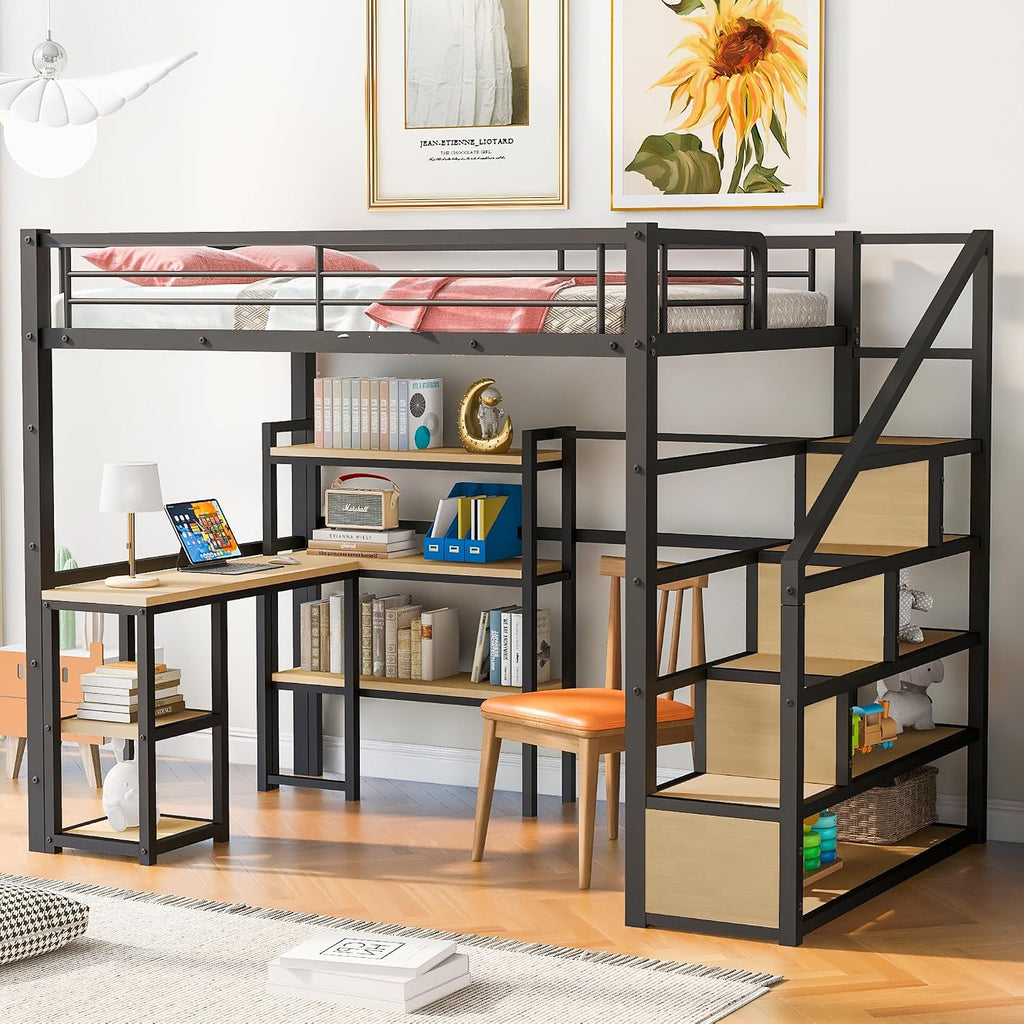 JIVOIT Metal Loft Bed with Storage Staircase, Full Size Loft Bed with Built-in Desk and 3-Tier Storage Shelves, Space-Saving 3 in 1 Design Metal Loft Bed with Guardrails, No Box Spring Needed