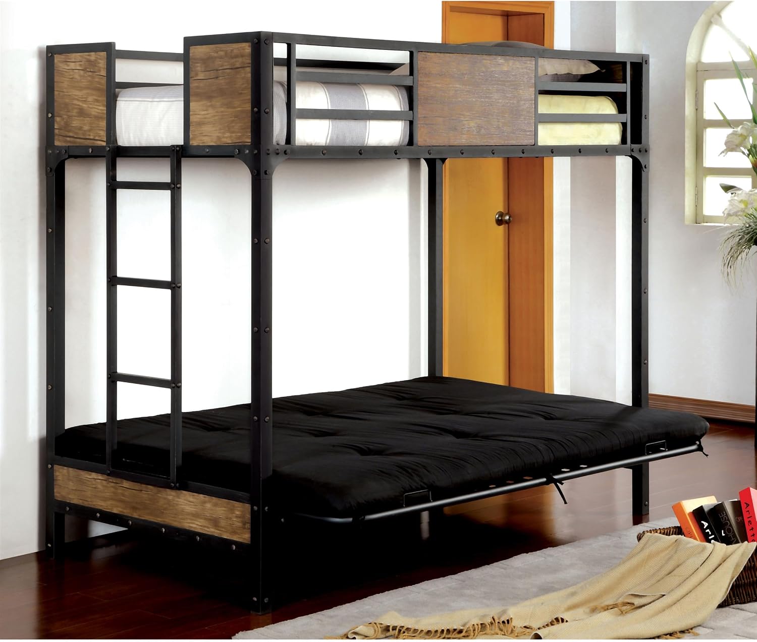 Furniture of America Baron Metal Twin Over Futon Bunk Bed in Black