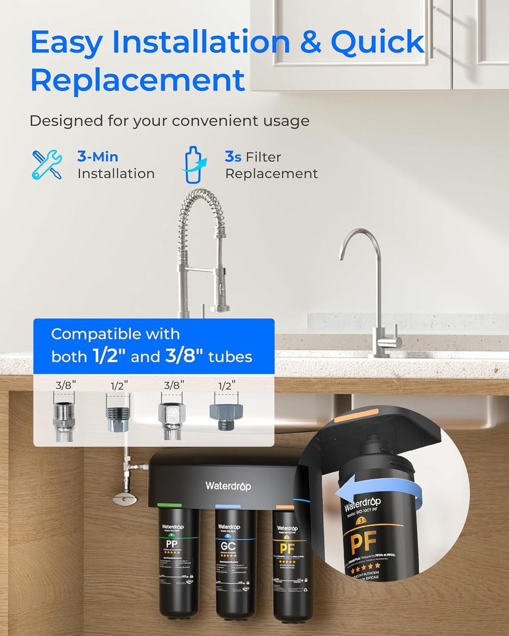 Waterdrop TSB-PF Under Sink Water Filter, Reduces 80+ Impurities-PFAS, Chlorine, Chloramine, Fluoride, Taste&Odor, VOCs, Chloroform, 9 Layer Under Sink Water Filtration System,with A Separate Faucet