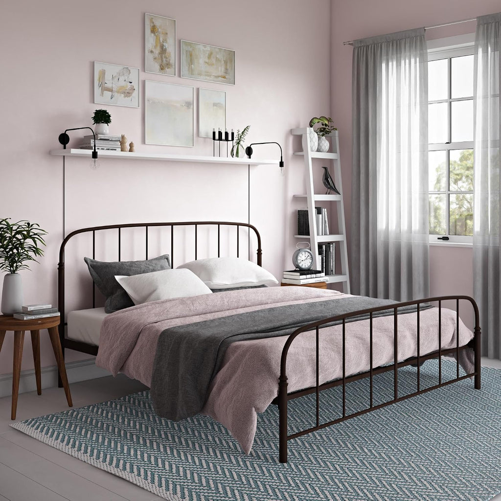 DHP Lafayette Metal Platform Bed with Rustic Style Curved Headboard and Footboard, Adustable Base Height for Underbed Storage, No Box Spring Needed, King, Bronze