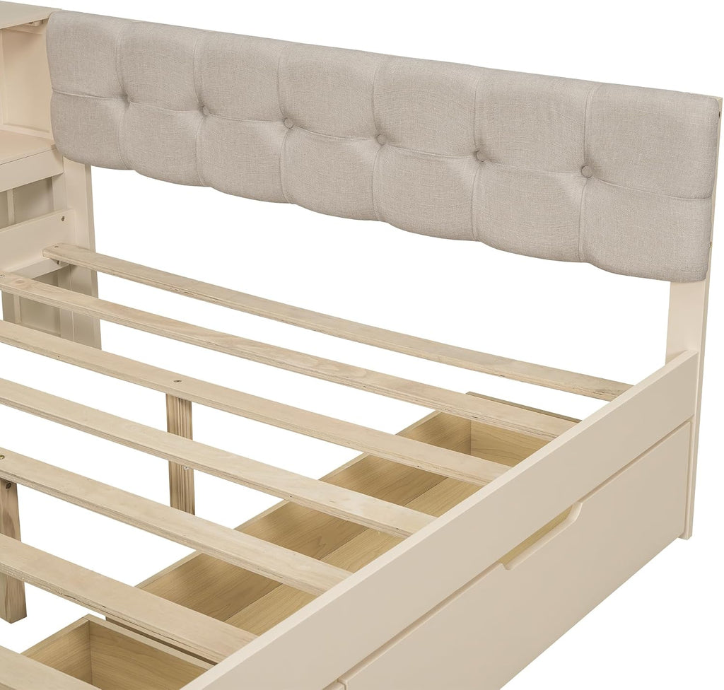 Full Size Platform Bed with Storage Shelves and Study Desk, Wood Daybed Frame with Upholstered Headboard and 2 Drawers for Office/Living Room/Bedroom, Maximize Space
