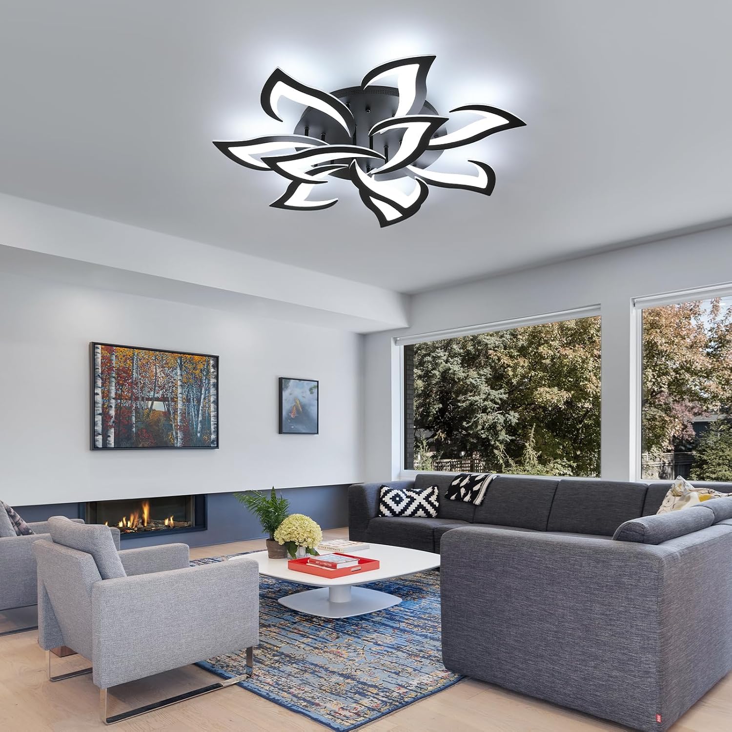Goeco Dimmable Ceiling Light, Black Flower Ceiling Light Fixture with Remote Control and App, Modern LED Acrylic Close to Ceiling Light for Living Room, Bedroom, Kitchen, CCT: 3000K-6500K