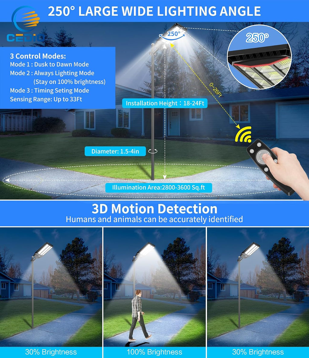 CEDIO 10000W Outdoor Solar Street Lights,Solar Lights IP66 Waterproof LED Street Light Dusk to Dawn,Flood Light with Motion Sensor for Yard (2PACK)