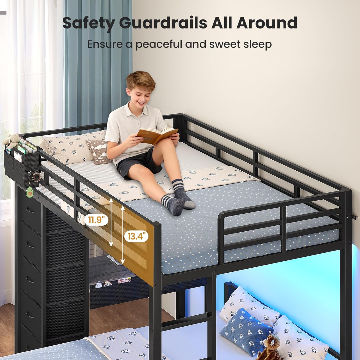 BTHFST Bunk Bed with Desk, Full Over Full Bunk Beds with 5 Storage Drawers & Charging Station, Full Size Bunk Bed with LED Lights & Safety Guardrail for Kids/Teens, Black